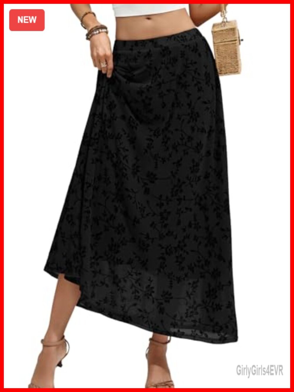 Womens Boho Floral Mesh Maxi Skirt High Waisted Stretchy Flocked Mesh